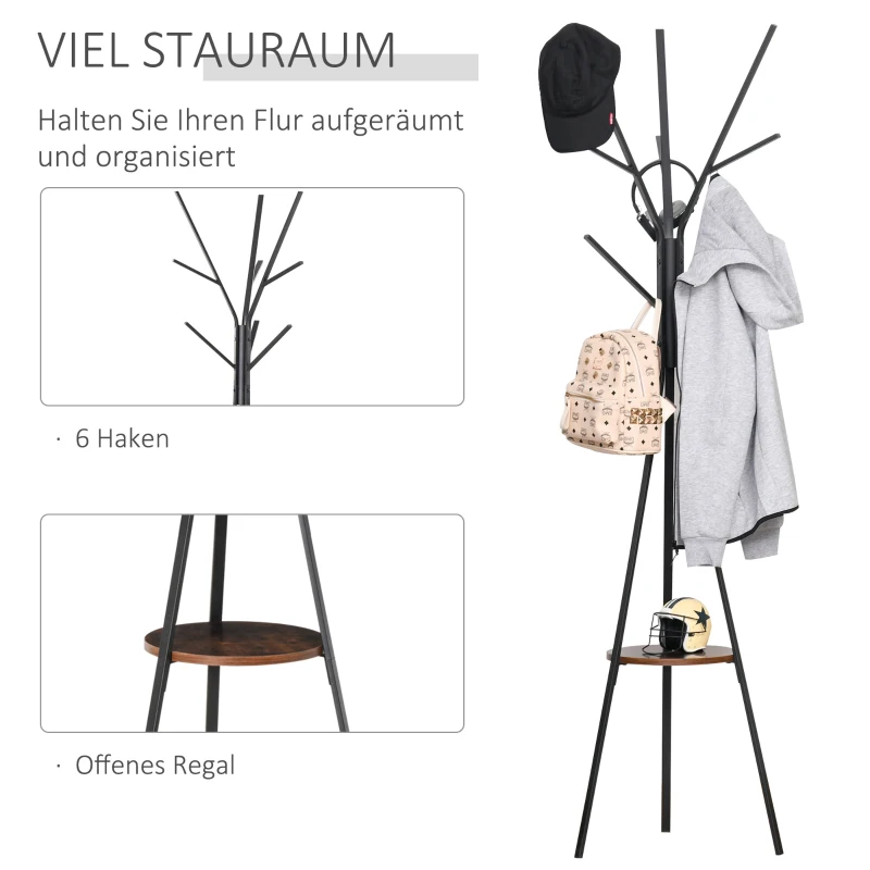 HOMCOM Kapstok in Scandinavisch design, kledingrek, 7 kledinghaken, zwart + bruin