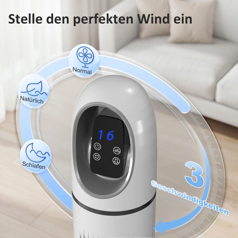 HOMCOM Torenventilator voor Slaapkamer, Staande Ventilator met 70° Oscillatie, 3 Modi, 3 Snelheden, 24-uurs Timer, Wit