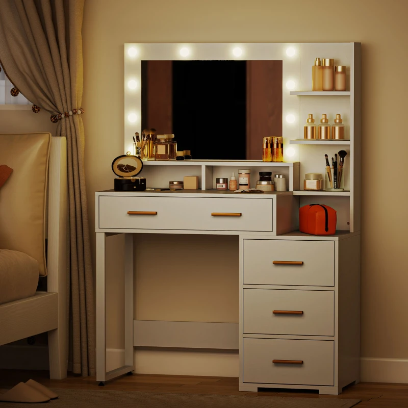 HOMCOM Coiffeuse avec miroir et 9 lumières LED, 4 tiroirs et 6 compartiments ouverts, 100 x 40 x 138 cm, blanc