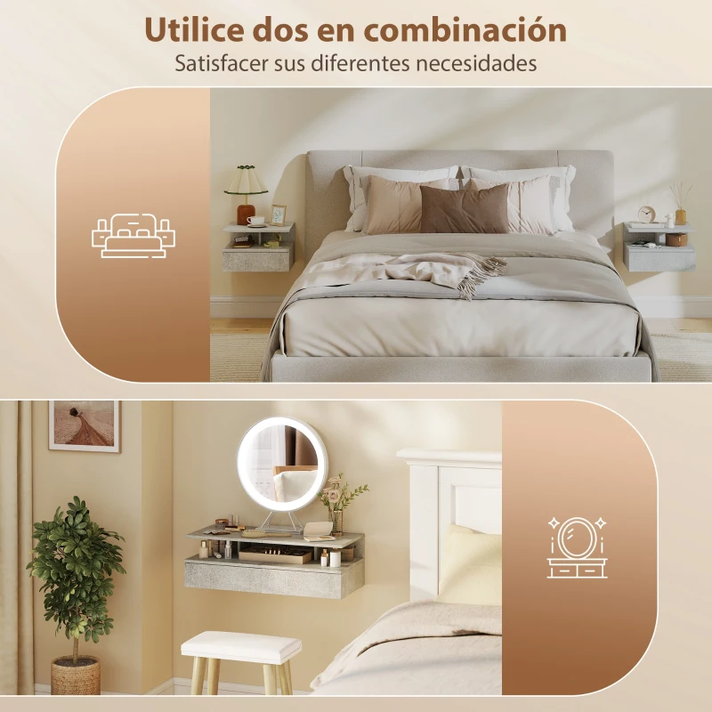 HOMCOM Juego de 2 Mesitas de Noche Flotantes con Cajón Montado en la Pared 35x32x22,5 cm Gris Cemento