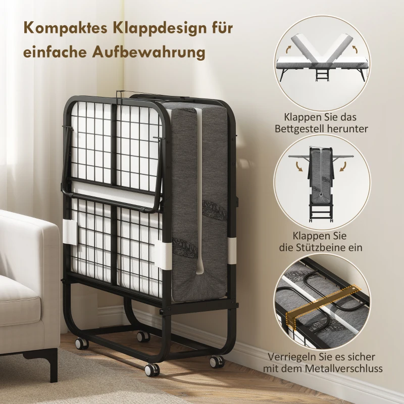 HOMCOM logeerbed 2-in-1 opklapbed met wielen, hoofdbord in hoogte verstelbaar, opklapbaar