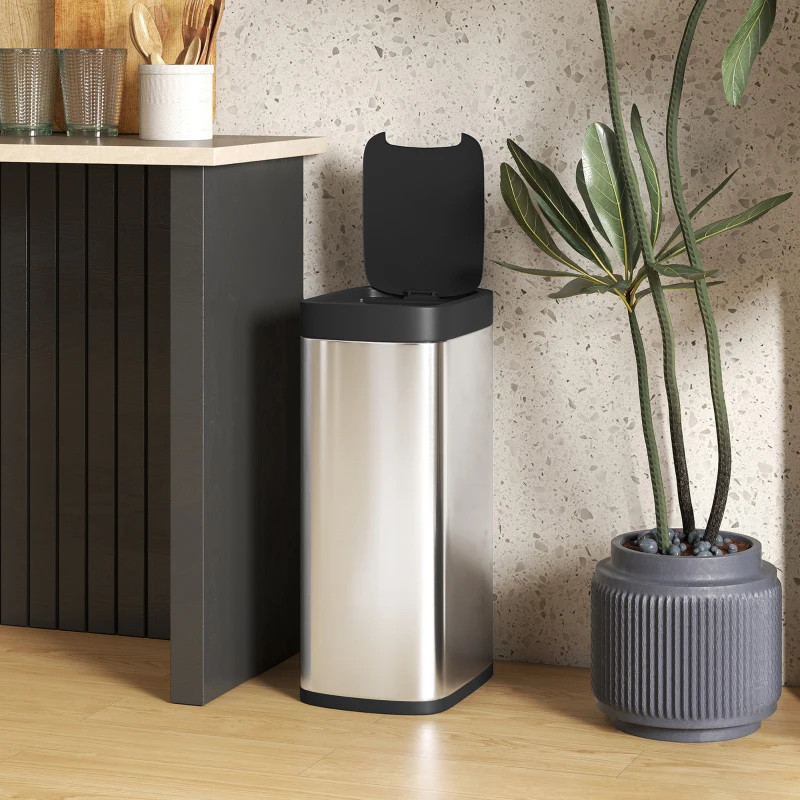 HOMCOM Poubelle de cuisine automatique 50L, poubelle à capteur de mouvement, fonctionne sur piles, 26,5x35,5x68cm, argent
