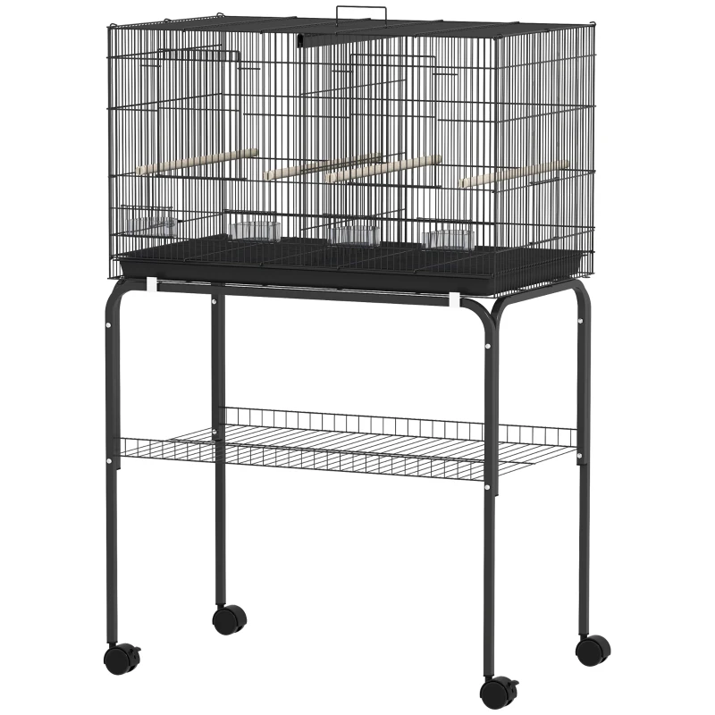 PawHut Cage à Oiseaux Volière Intérieur Acier avec Séparateur, 4 Perchoirs, Plateau Coulissant, 4 Mangeoires, 76x46x116cm, Noir