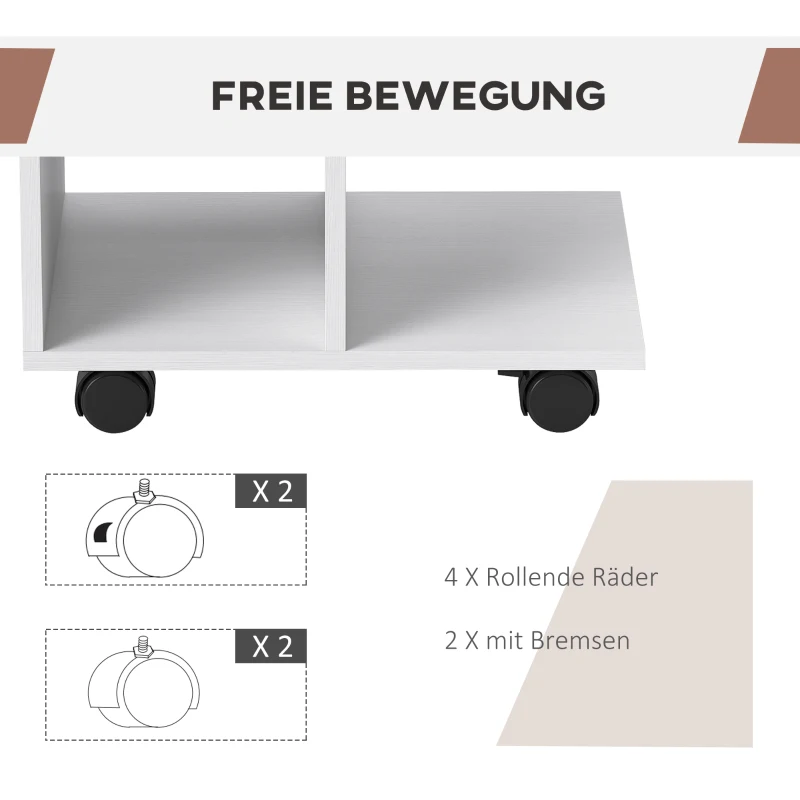 HOMCOM Bijzettafel in C-Vorm, Koffietafel, Salontafel, Hoekbureau, met Wielen, E1-Spaanplaat, 45 x 35 x 58 cm, Wit