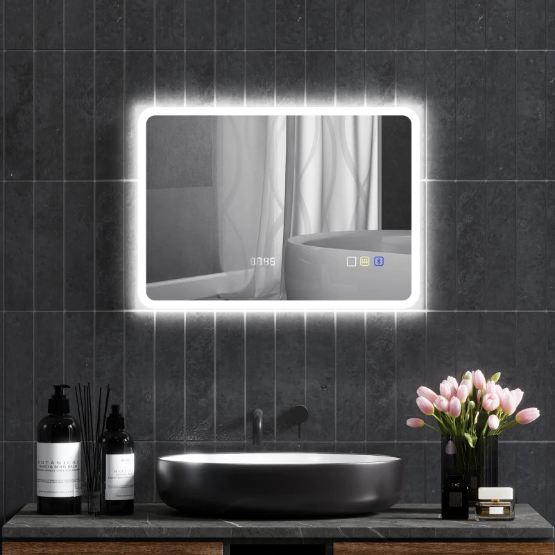HOMCOM Espejo de Baño con Luz LED 70x50 cm con Bluetooth 3 Colores de Luz Reloj Digital Función Antivaho Función de Memoria