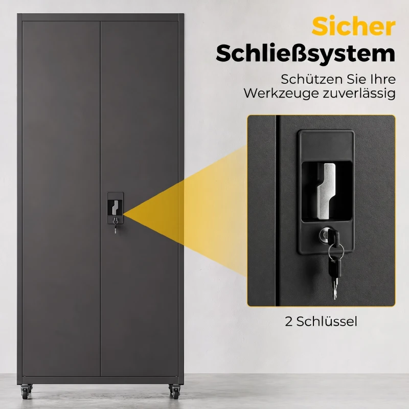 HOMCOM Afsluitbare metalen opbergkast met wielen, 5 verstelbare planken, staal, 80 x 40 x 180 cm, zwart