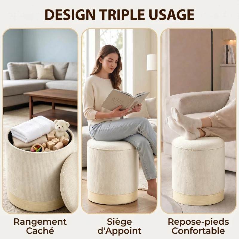 HOMCOM Pouf coffre rangement, tabouret rond en chenille, pouf repose-pieds avec base en métal effet bois, beige
