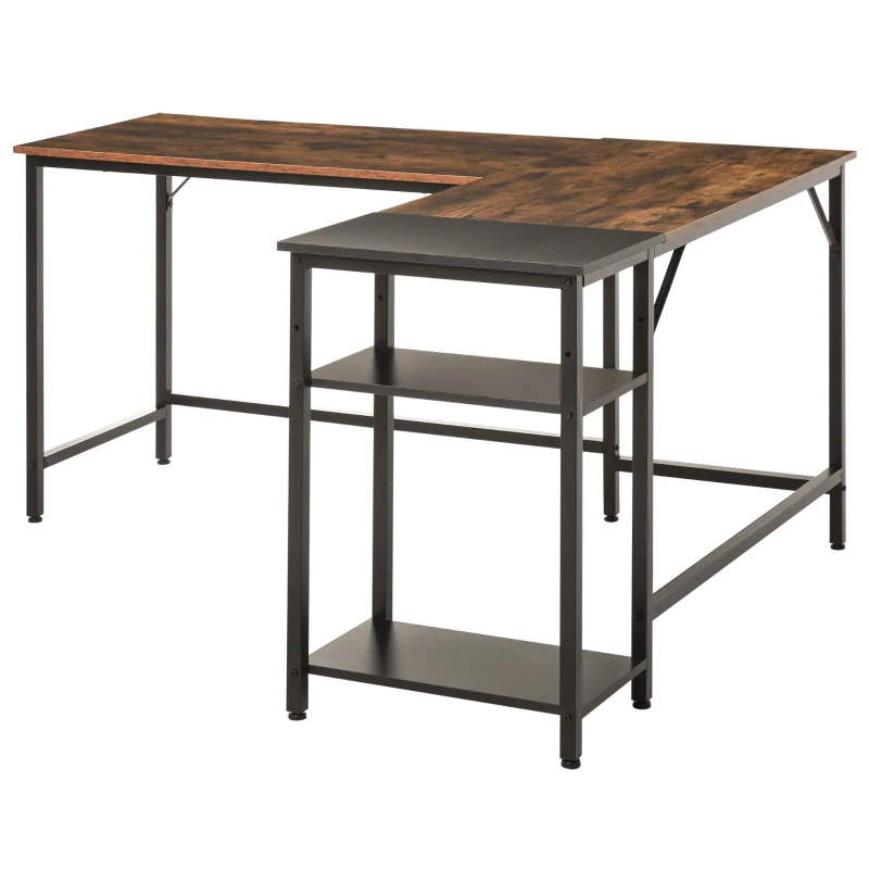 HOMCOM L-Shaped Computer Desk Industrial Corner Writing Desk with Adjustable Storage Shelf Space-Saving Home Office Workstation 150 x 120 x 75 cm Rustic Brown