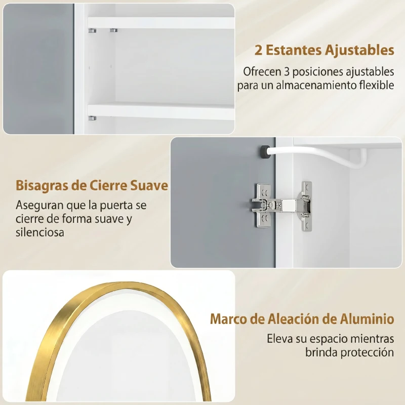 HOMCOM Armario de Baño con Espejo y Luces LED de 3 Colores Armario de Pared Ovalado con Función Memoria y Antivaho Dorado