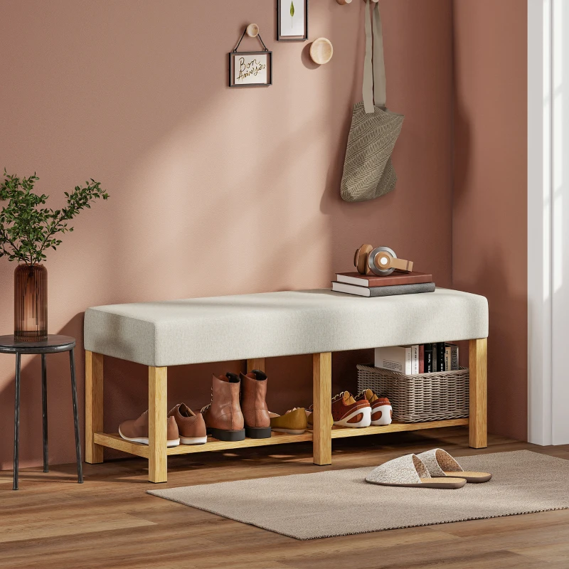 HOMCOM Banc à chaussures, banc de rangement avec siège rembourré, étagère ouverte, bois d'hévéa, 120x44x48cm, bois naturel