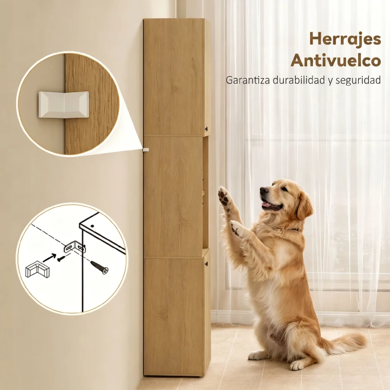 HOMCOM Armario de Baño Alto de 6 Niveles con 2 Puertas Estante de Vidrio Templado Estantes Ajustables 40x31x182 cm Roble