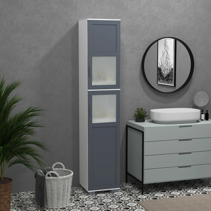 kleankin Armario Alto de Baño Mueble Columna de Baño con 2 Puertas de Vidrio Templado y Estantes Ajustables 37x35x190 cm Blanco y Gris