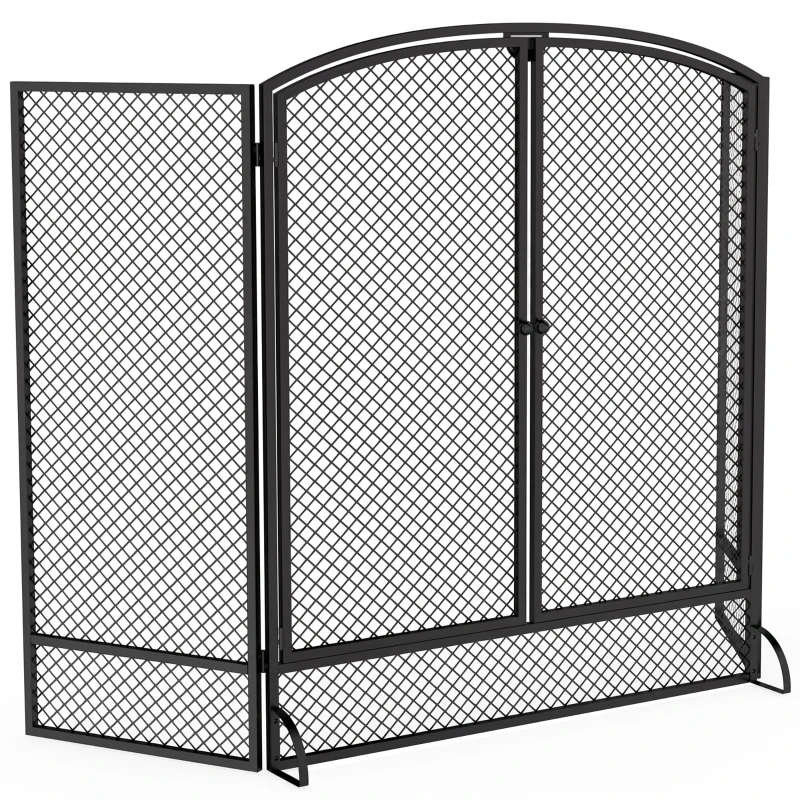 HOMCOM Pare-feu de Cheminée Pliable 3 Panneaux, 2 Portes, Style Moderne, Pare-Étincelles Cheminée en Métal, 122x10x75cm, Noir