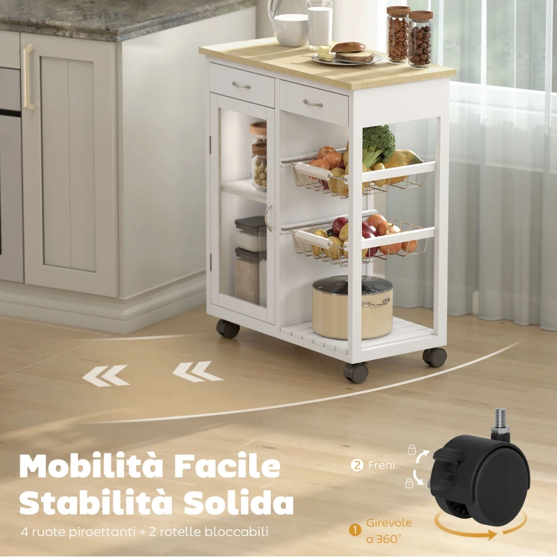 HOMCOM Carrello da Cucina in Bambù con 2 Cassetti, Armadietto, Ripiano e 2 Cestini in Acciaio, 67x35x80 cm, Bianco