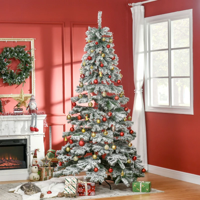 HOMCOM Árbol de Navidad 225 cm Árbol de Navidad Artificial Nevado con 1083 Ramas y Soporte de Metal Árbol de Navideño para Salón Verde y Blanco