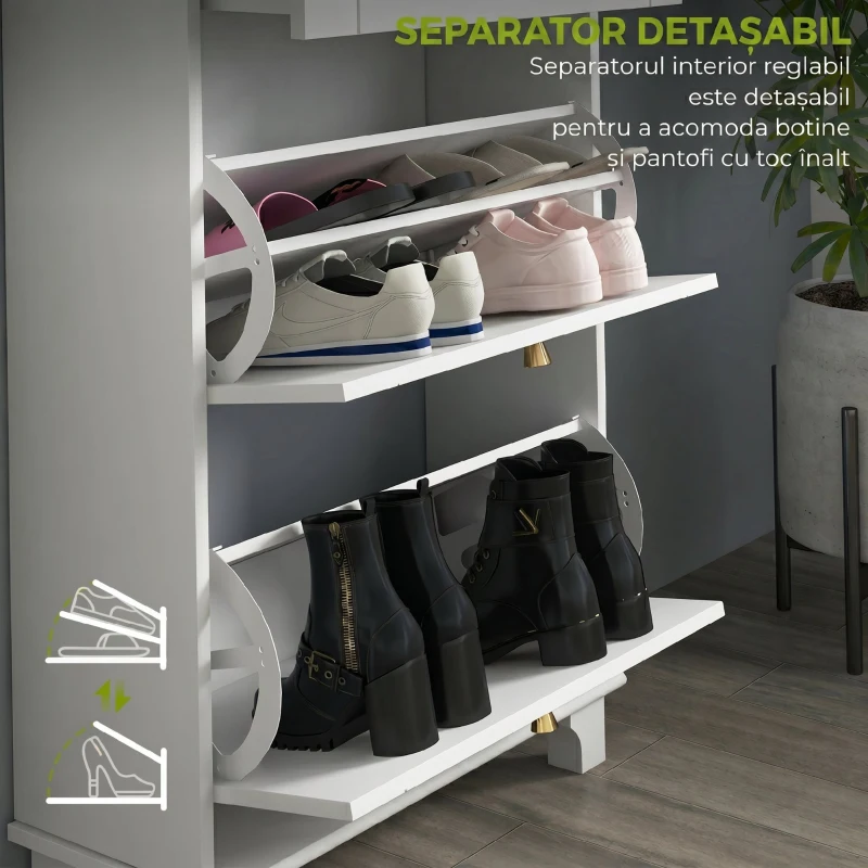 HOMCOM Dulap Pantofi Slim cu 2 Uși, Sertar, Rafturi Reglabile, 8 Perechi, MDF, PAL, 60 x 23,5 x 98,5 cm, Alb