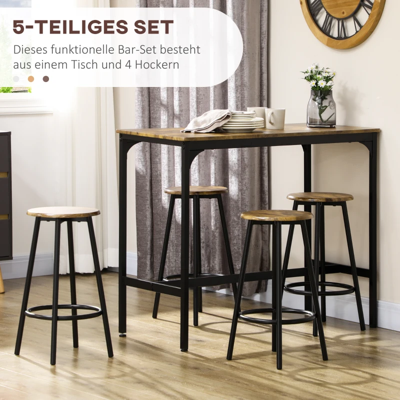 HOMCOM 5-delig. Bartafelset met industrieel design, 1 bartafel, 4 barkrukken, bankstel, aanrecht, zwart+bruin