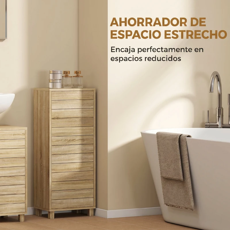 HOMCOM Mueble Auxiliar de Baño con Puerta de Listones 3 Estantes y Estante Ajustable Apertura por Presión 34x23x84 cm Natural