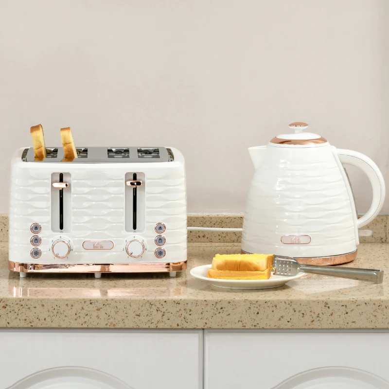HOMCOM 2-in-1 Toaster en Waterkoker Set, 7 Bruiningsniveaus, Ontdooien en Verwarmen Functie, Cremewit