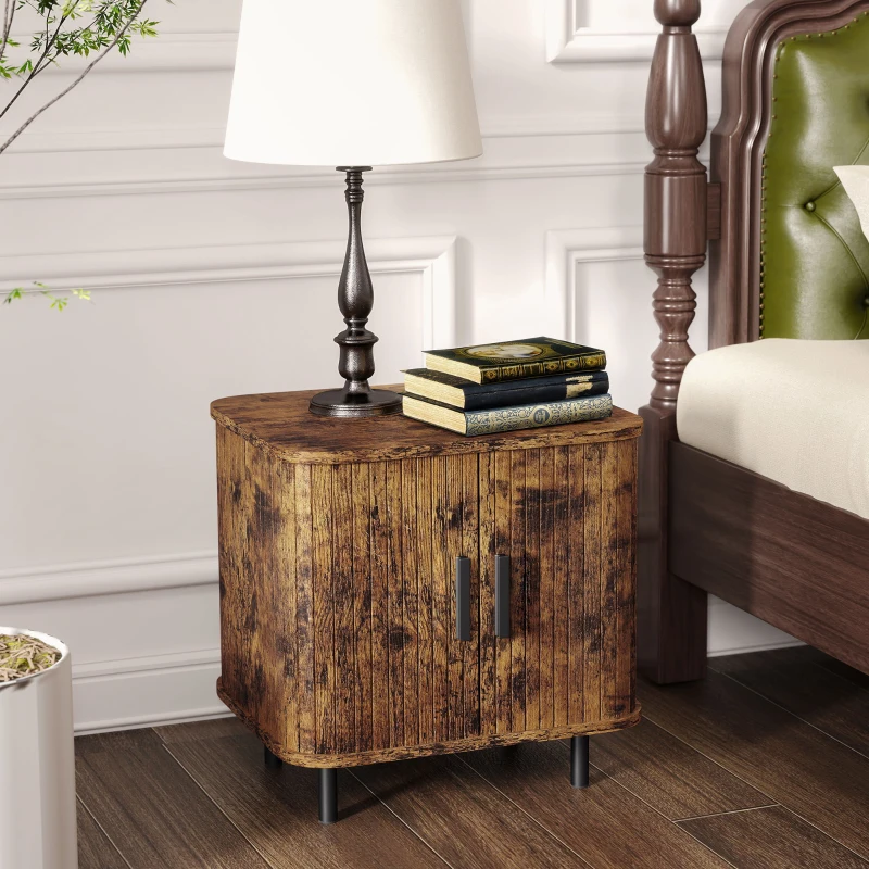 HOMCOM Nightstand with Sliding Doors and Metal Legs Rustic Brown