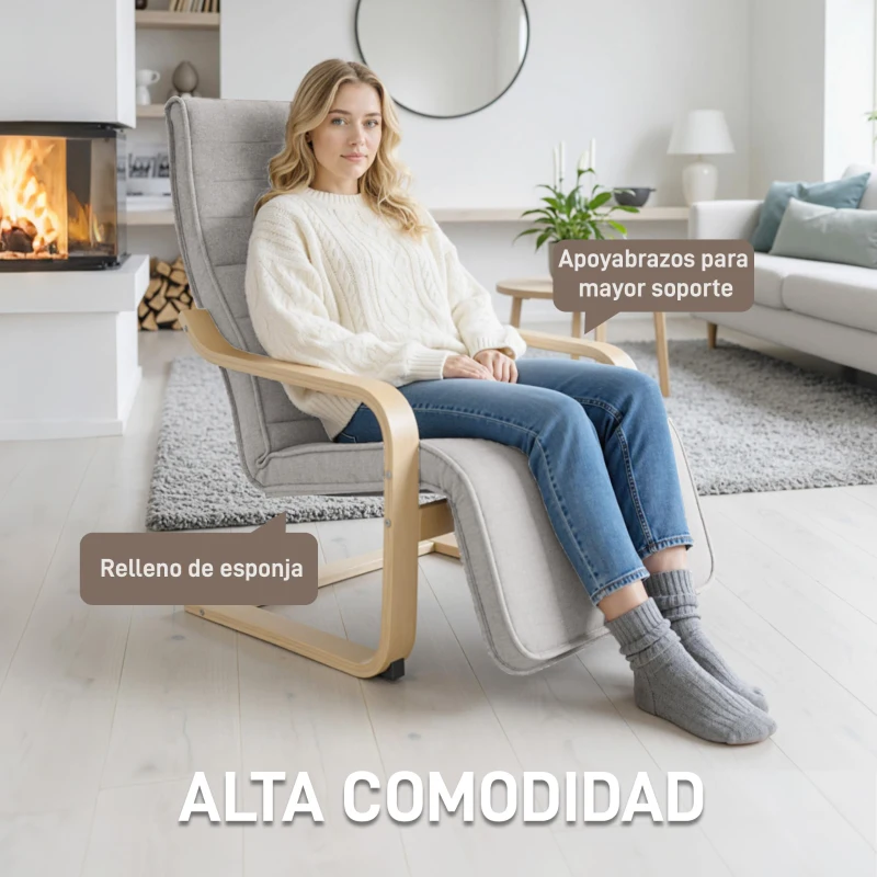 HOMCOM Sillón de Salón con Reposapiés Ajustable Butaca Tapizada en Lino Sintético para Oficina Dormitorio 66,5x94x100cm Gris