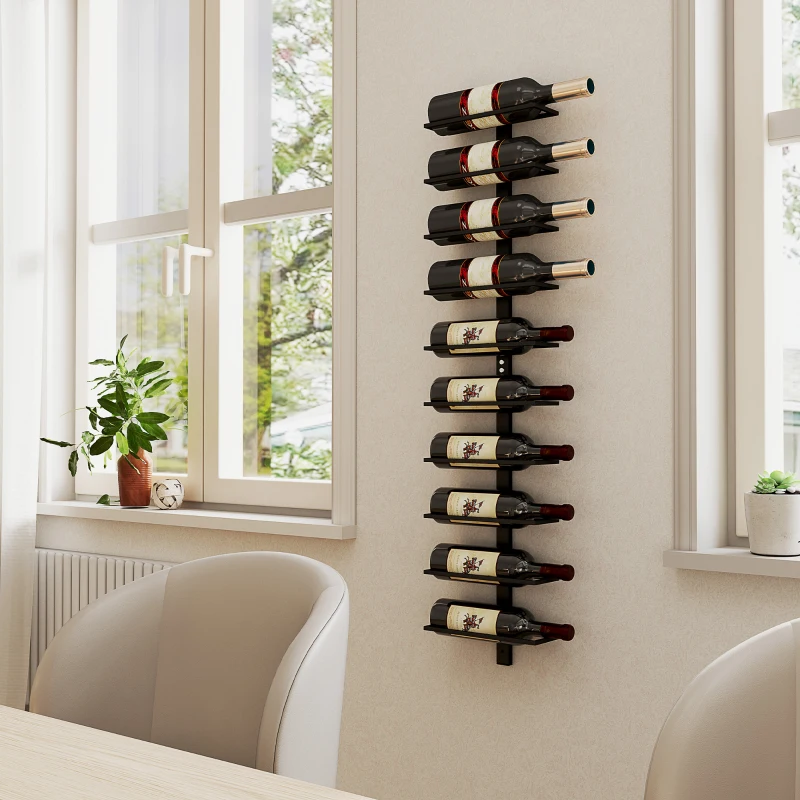 HOMCOM Wijnrek, Muurrek voor 10 Flessen Wijn, 10 Niveaus, Metaal, voor Keuken, Woonkamer, Huisbar, Zwart(m-7)