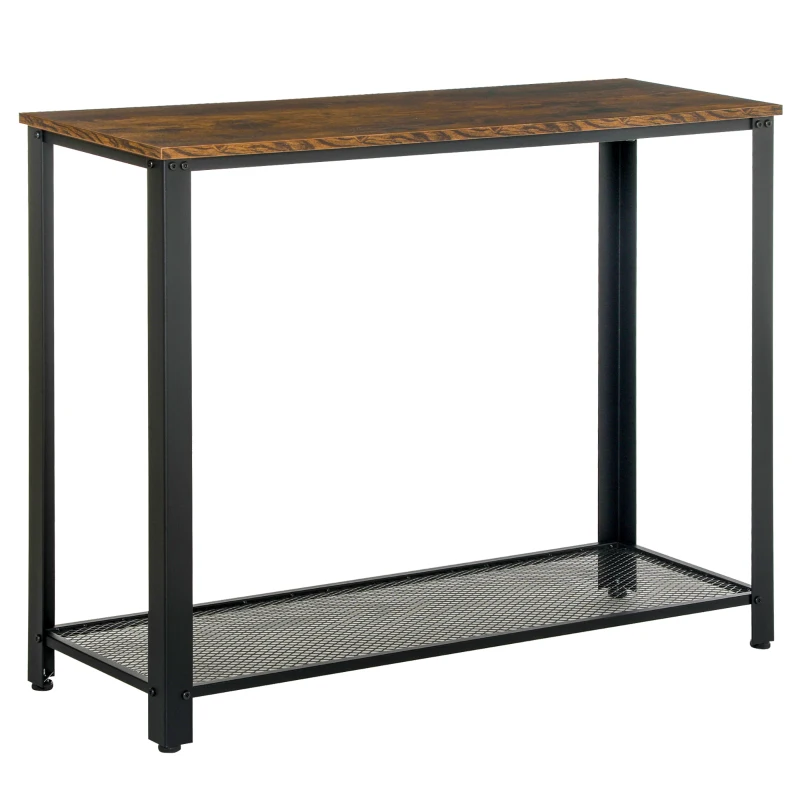 HOMCOM Industrial Console Table，Entryway Table w/Bottom Mesh Shelf Metal Frame Vintage Sofa Table for Hallway, Living Room, Rustic Brown