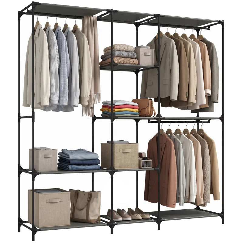 HOMCOM Armario textil, portátil, sin herramientas, con 3 barras para ropa y 5 estantes, 182 x 43 x 182 cm, Negro