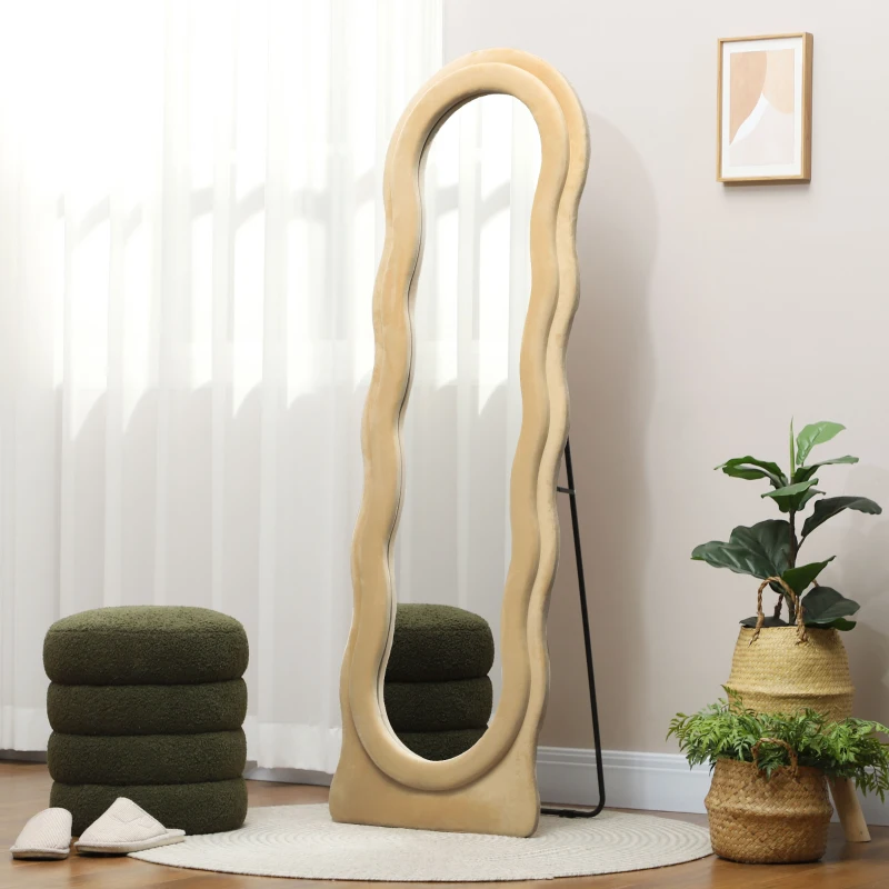 HOMCOM Espelho de Pé 50x160 cm Espelho de Corpo Inteiro ou de Parede com Desenho Assimétrico e Estrutura de Veludo Bege