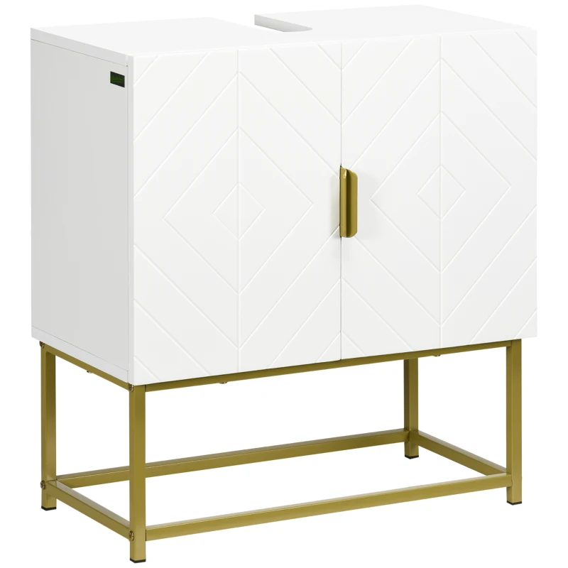 kleankin Mueble para Debajo del Lavabo Moderno Armario Bajo con 2 Puertas y Patas de Acero 60x30x65 cm Blanco y Dorado