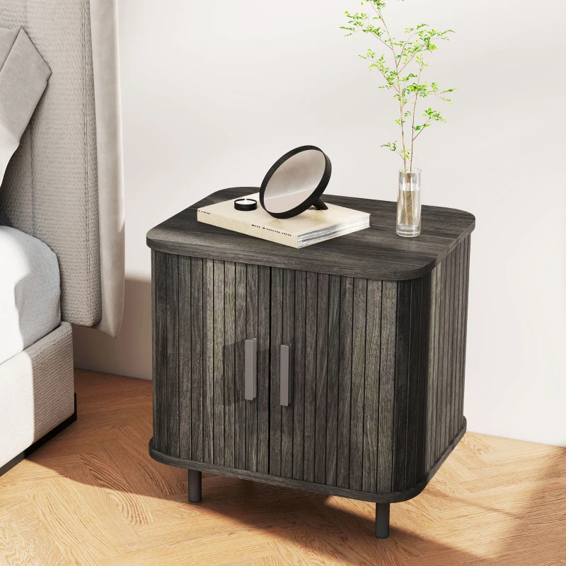 HOMCOM Nightstand with Sliding Doors and Metal Legs Grey