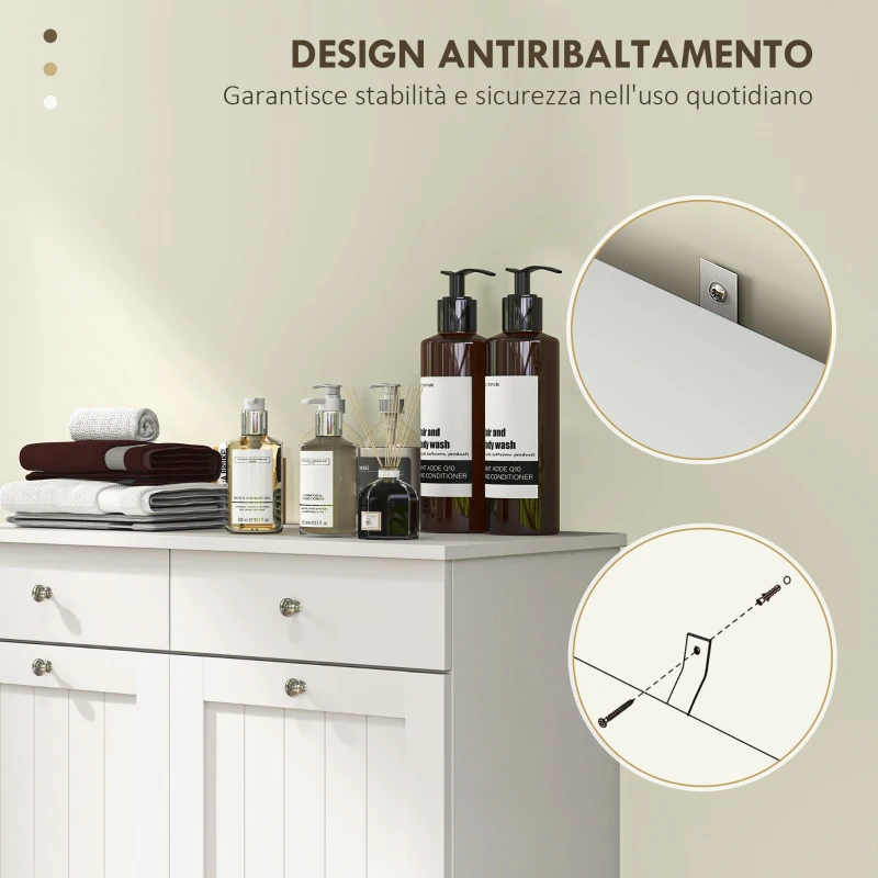 HOMCOM Mobile Bagno con 2 Ceste Portabiancheria Rimovibili, 2 Cassetti e 2 Ante a Ribalta, 78x38x90 cm, Bianco