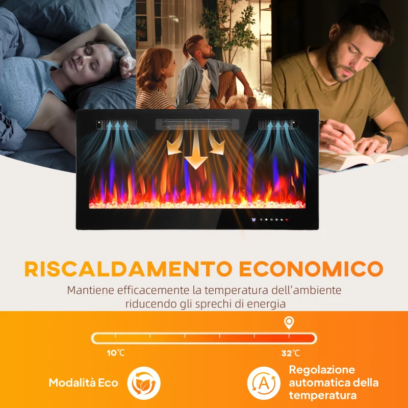 HOMCOM Camino Elettrico da Incasso o a Parete con Temperatura Regolabile, in Acciaio e Vetro, 91.4x9.4x47 cm, Nero