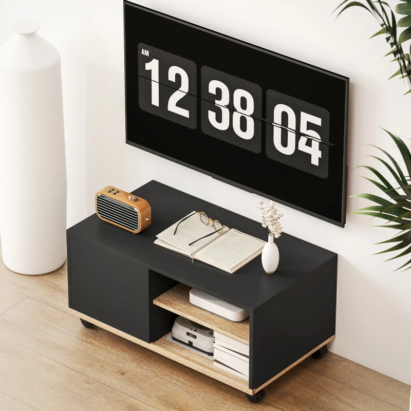 HOMCOM Móvel de TV com Rodas para Televisores até 42 Polegadas com 1 Porta 2 Compartimentos Abertos Prateleira 80x45x41 cm Preto