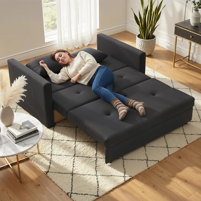 HOMCOM Sofá Cama de 2 Plazas Sofá Cama Tapizado en Poli Algodón con 2 Cojines Desmontables y Espacio de Almacenamiento Sofá Doble para Salón Oficina  152x101x81 cm Gris Carbón