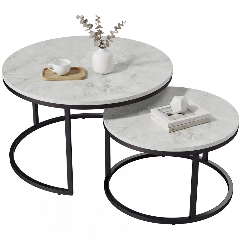 HOMCOM Set 2 Tavolini da Caffè Sovrapponibili Rotondi in Metallo e MDF Effetto Marmo, Grigio e Nero