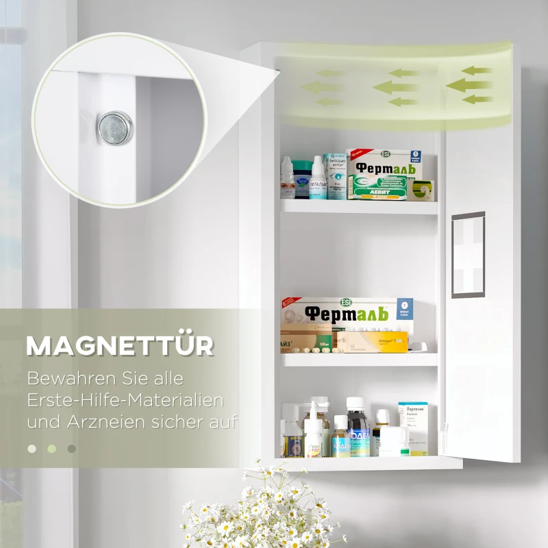 kleankin Medicijnkastje, 3 interne compartimenten, magnetische sluiting, kruissymbool, stalen behuizing, wit, 30 x 12 x 60 cm(m-6)