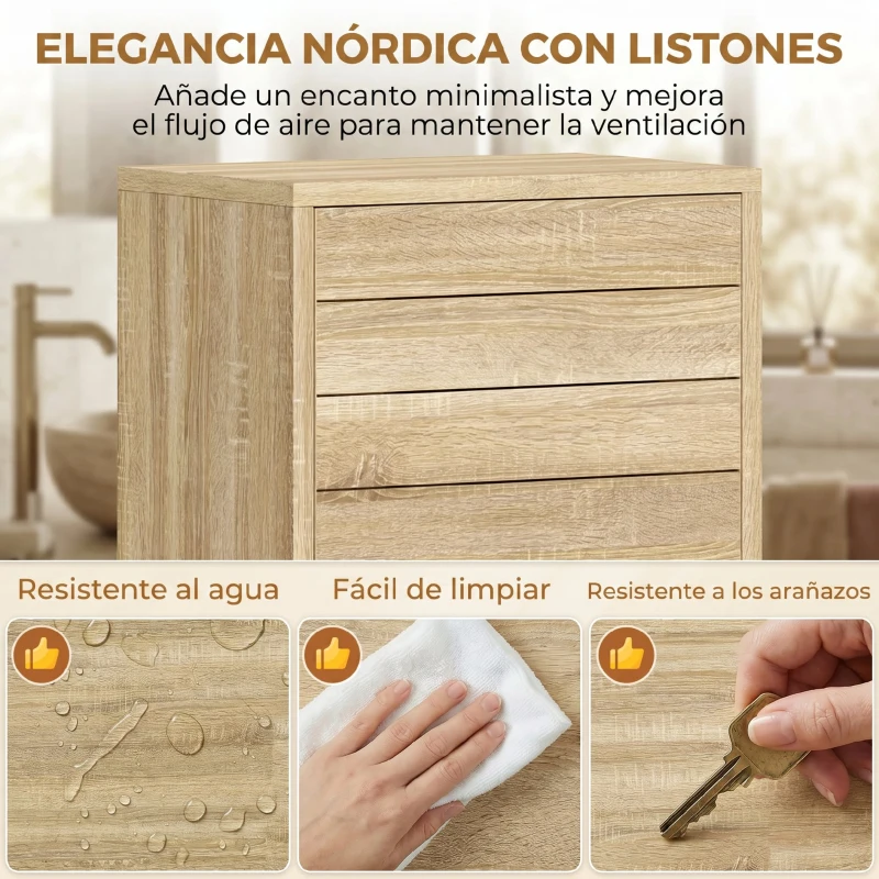 HOMCOM Armario Alto para Baño con Estantes Ajustables Puertas de Lamas Apertura por Presión 34x23x170 cm Natural