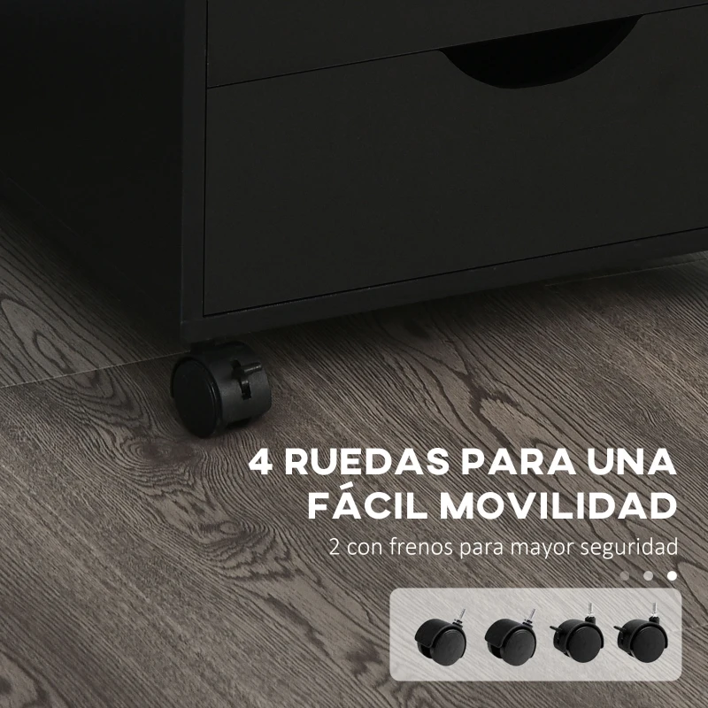 HOMCOM Cajonera de Oficina con Ruedas y 5 Cajones, Mueble Archivador para Estudio y Salón, 40x40x67 cm, Negro
