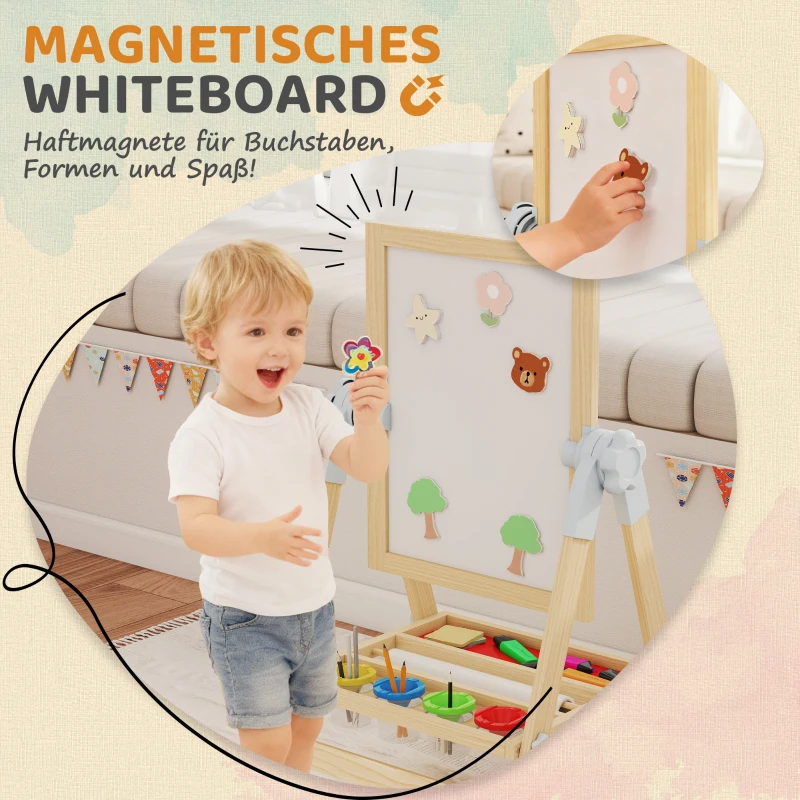 AIYAPLAY Kinderezel van hout, dubbelzijdig whiteboard en krijtbord, in hoogte verstelbaar staand bord met papierrol, opberglade, natuur