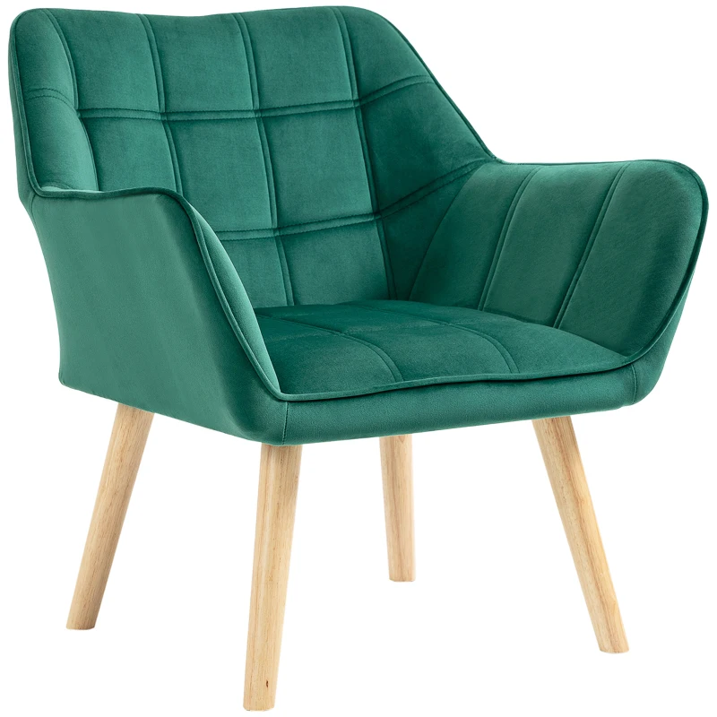HOMCOM Poltrona Moderna de Sala Estofada em Veludo com Pés de Madeira Cadeira Relax para Sala de Estar Verde