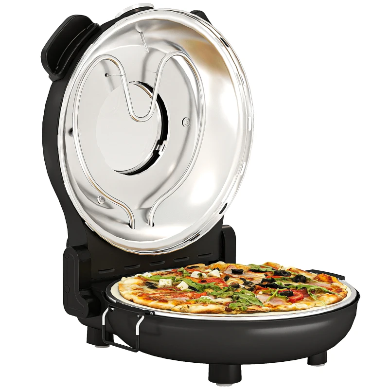 HOMCOM Elektrische Pizzaoven 430 ℃, 1200 Watt Pizzabakker met 30 cm Steenplaat, Timer, Zichtvenster, Roestvrij staal Zwart(m-11)