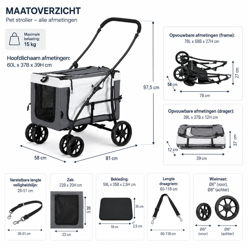 PawHut 2-in-1 Hondenbuggy met Afneembare Draagmand voor Honden en Katten tot 10 kg, Grijs