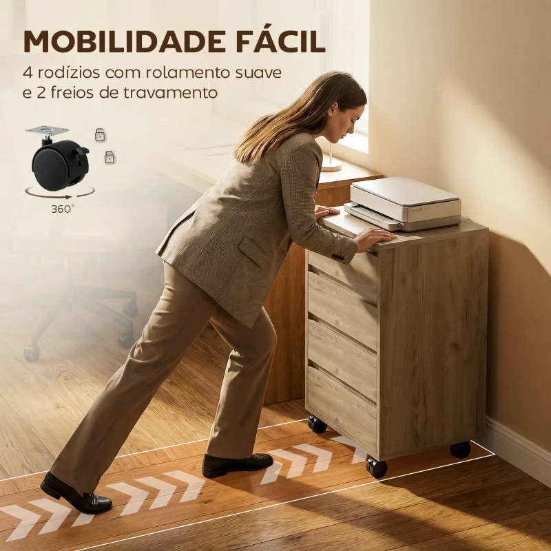 HOMCOM Bloco de Gavetas de Escritório com 4 Gavetas Rodas para Escritório 46x40x65 cm Castanho