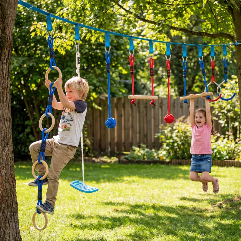 AIYAPLAY Ninja Line kinderen 10 m 9-delig Slackline Set met 2 turnringen, 3-in-1 schommel, 2 klimstangen voor 3-8 jaar meerkleurig