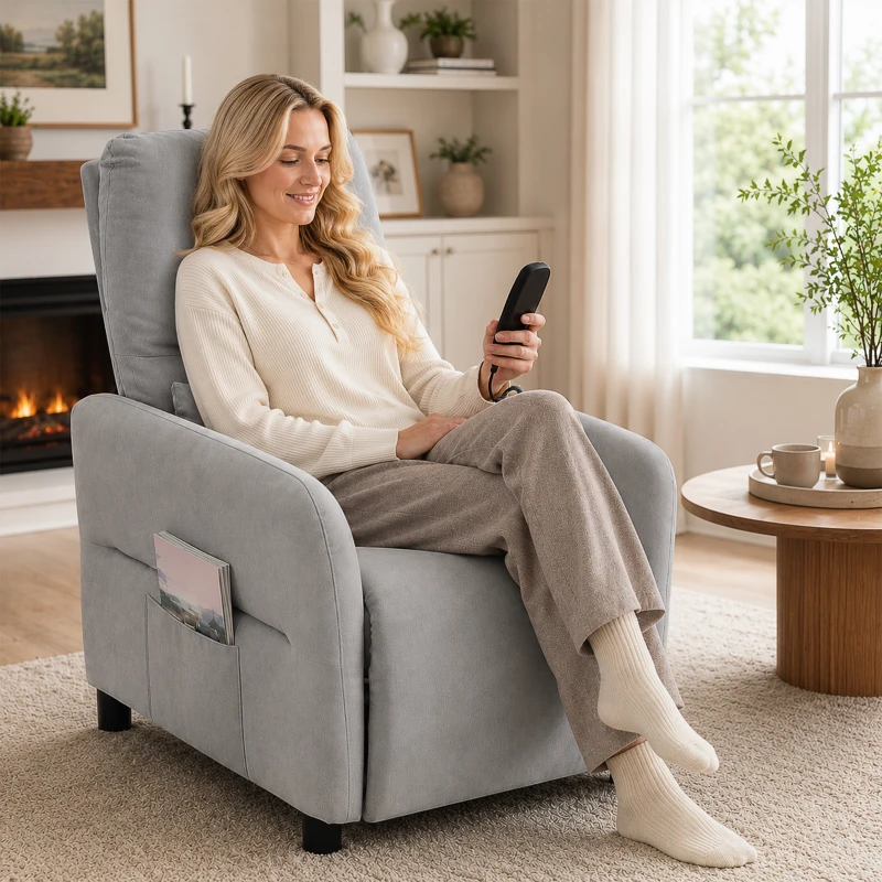 HOMCOM Fauteuil Inclinable de Massage par Vibration et Chauffage, Fauteuil de Relaxation en Tissu Éponge Bouclé, Gris