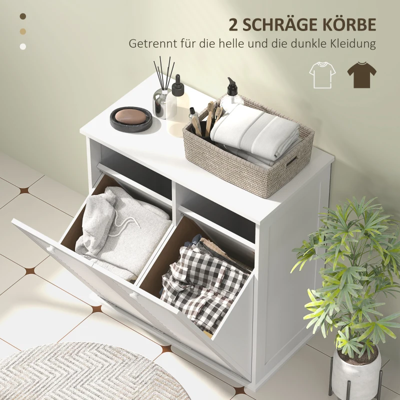 HOMCOM wasmandkast, 2 kantelbare wascontainers, 2 lamellendeuren, 70 x 38 x 73 cm, wit(m-4)