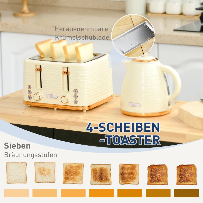 HOMCOM 2-in-1 Broodrooster en Waterkoker Set, 7 Bruningsniveaus, Ontdooi- en Opwarmfunctie, Beige