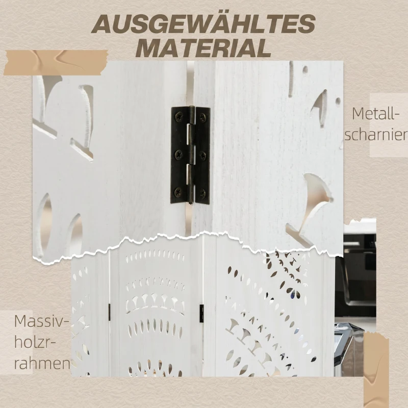 HOMCOM Biombo Dobrável de 3 Painéis de Madeira 120x170 cm Biombo Separador de Ambientes com Padrões Gravados Elegantes Branco