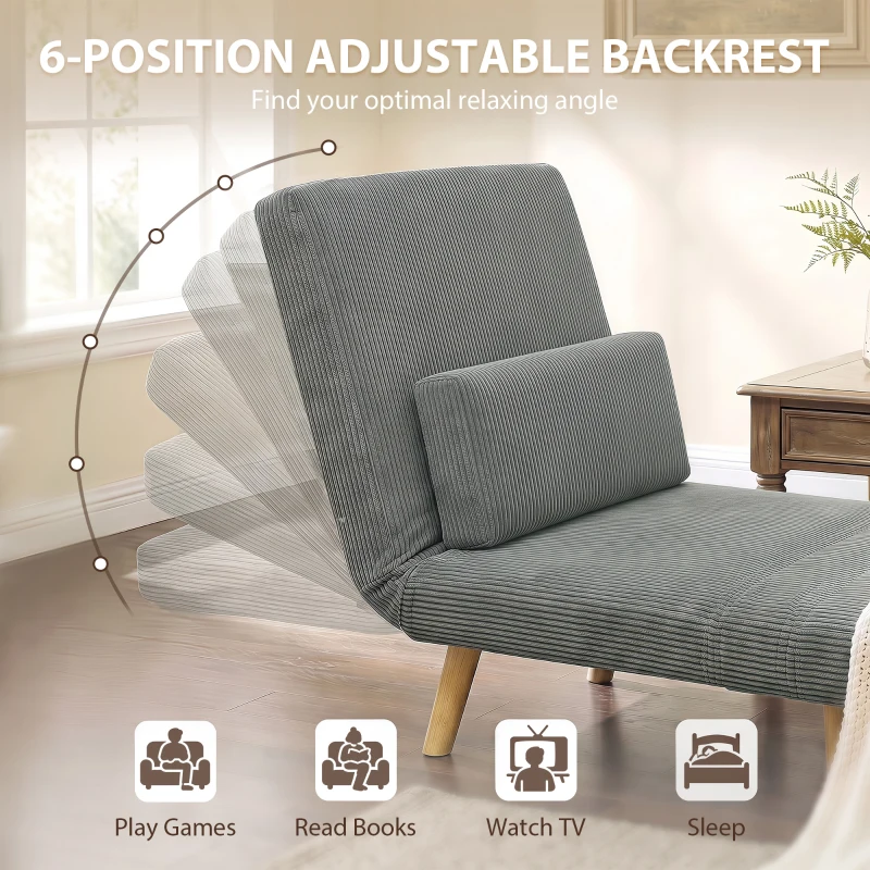 HOMCOM Slaapfauteuil 3-in-1, uitschuifbare fauteuil in cord met slaapfunctie verstelbare rugleuning, kussen donkergrijs